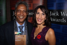 STAR REPORTER: For his four decades of journalistic excellence, former Province Newspaper reporter and deputy editor-in-chief Fabian Dawson received the Bruce Hutchison Lifetime Achievement Award from the Angus Reid Institute’s Shachi Kurl. Photo: Fred Lee.