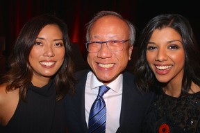 Globe news anchors and Webster Awards co-hosts Sophie Lui and Neetu Garcha flanked foundation trustee Ernest Yee, who fronted the 33rd Jack Webster Awards. Photo: Fred Lee.
