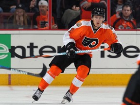 Travis Konecny of the Philadelphia Flyers skates against the Carolina Hurricanes during their October 2016 National Hockey League game at the Wells Fargo Center in Philadelphia.