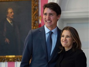Prime Minister Justin Trudeau poses with Chrystia Freeland after she was sworn in as deputy prime minister and minister of Intergovernmental Affairs during a ceremony at Rideau Hall on Nov. 20 in Ottawa.