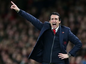 In this file photo taken on Nov. 11, 2018, Arsenal's head coach Unai Emery gestures on the touchline during the English Premier League football match between Arsenal and Wolverhampton Wanderers at the Emirates Stadium in London. (DANIEL LEAL-OLIVAS/AFP via Getty Images)