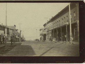 Bailey and Neelands photo of Carrall Street facing north from Cordova Street, 1889. The Cinematographe films would have been shown in the building on the right foreground, either in a storefront or in an upstairs hall.