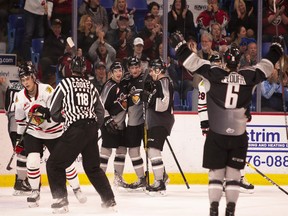 The Vancouver Giants celebrate a first-period goal by Lukas Svejkovsky in a 3-1 win over the Portland Winterhawks on Friday at the Langley Events Centre.