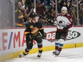 Vancouver Canucks  forward Brock Boeser celebrates his game-tying goal as Colorado Avalanche forward J.T. Compher (37) looks on during the third period in a game at Rogers Arena. Colorado won 5 - 4 in overtime.