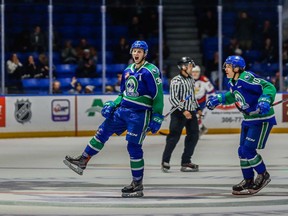 Connor Horning celebrates a goal with the Swift Current Broncos. The blueliner was traded to the Vancouver Giants on Nov. 24, 2019.