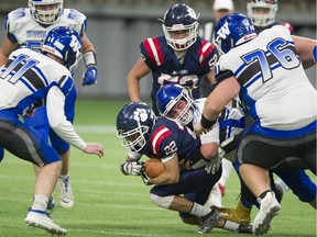 Vernon (9-0 overall, 4-0 in conference) beat the No. 2 ranked Ballenas Whalers 37-0 on Saturday in the semifinal of the B.C. high school football championships at B.C. Place Stadium in Vancouver. Pictured is Panthers' Ethan Greenan being tackled.