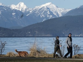 Walkers and runners enjoy the sunny weather at Spanish Banks in Vancouver, BC.
