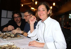 Barefoot Bistro executive chef Melissa Craig, Cioppino’s executive chef Pino Posteraro and Seattle’s Tom Stocks, director of restaurants at Taylor Shellfish Company, had the tough task of judging this year’s oyster shucking contest.