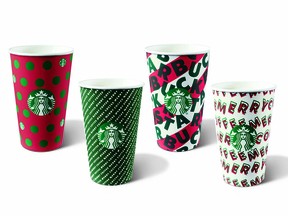 The four Starbucks holiday cup designs are The designs are called Polka Dots, Merry Dance, Merry Stripes and Candy Cane Stripe.