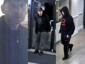 Ridge Meadows RCMP is seeking the public's help in identifying three remaining suspects in a series of break and enters that occurred in Pitt Meadows, B.C. beginning in early October 2019. Suspects 1, 2 and 3 (from left to right): Suspect 1 described as a white man, slim build with facial stubble and wearing dark coloured clothing and a baseball cap. Suspect 2 is described as a white man with dark hair and a beard, wearing glasses, dark coloured clothing and a baseball cap. Suspect 3 is described as a stocky white man, wearing a dark coloured 'hoody' style sweatshirt with a red or orange coloured under armour brand emblem and dark pants with whites stripes.