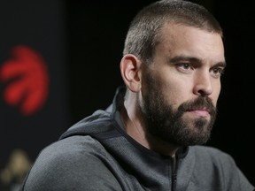 Raptor Marc Gasol sits down to questions during the Toronto Raptors' media availability at the Scotiabank Arena in Toronto Ont. on Saturday September 28, 2019.