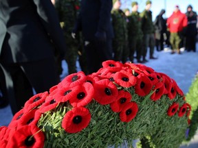Poppies on a wreath during the Royal Winnipeg Rifles Association Remembrance Day service at Vimy Memorial Park in Winnipeg.