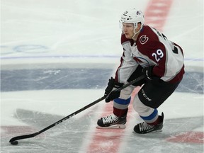 Colorado Avalanche centre Nathan MacKinnon carries the puck against the Jets in Winnipeg on Tues., Nov. 12, 2019. Kevin King/Winnipeg Sun/Postmedia Network