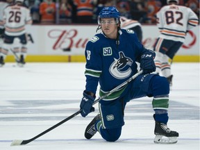 Jake Virtanen of the Vancouver Canucks in the pre-game warmup before a game against the Edmonton Oilers on Dec. 1, 2019.