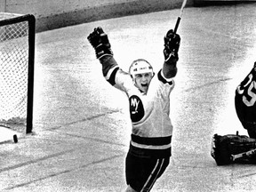 New York Islanders star Mike Bossy celebrates his hat-trick goal in Game 1 of the 1982 Stanley Cup final — an overtime winner, no less — against the Vancouver Canucks on May 8, 1982.
