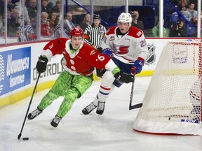 Jackson Shepard of the Vancouver Giants, in his Grinch-inspired uniform, skates around the Spokane Chiefs' net on Friday at Langley Events Centre. The Giants will wear the uniforms for their Teddy Bear Toss game on Sunday at Rogers Arena in Vancouver.