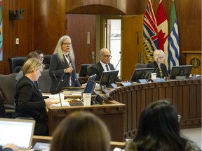 Vancouver city councillor Colleen Hardwick speaks as council considers the 2020 budget in chambers at Vancouver city hall on Dec. 17.