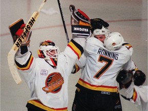Kirk McLean celebrates after the Vancouver Canucks won a game against the Toronto Maple Leafs during the 1994 Stanley Cup playoffs at the Pacific Colisium.