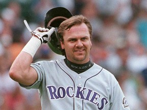 Colorado Rockies outfielder Larry Walker during a game at Wrigley Field on July 19, 1997. He entered that day's doubleheader against the Chicago Cubs batting .402.