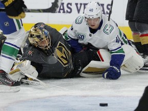Vegas Golden Knights' netminder Marc-Andre Fleury, who has never lost to the Canucks, had his hands full with Elias Pettersson of Vancouver on Sunday in Las Vegas.