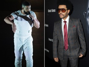 Rapper Drake (left) release a song Tuesday addressing an alleged feud with The Weeknd (right).