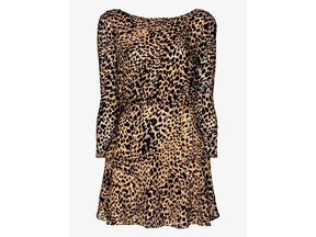 RIXO Clarisse leopard-print mini dress, $560 ($336) at Holt Renfrew, holtrenfrew.com.