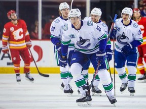 Tyler Myers celebrates one of his two goals in Calgary on Dec. 29.