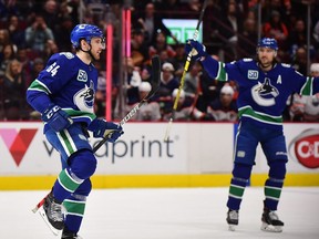 Dec 23, 2019; Vancouver, British Columbia, CAN;  Vancouver Canucks forward Tyler Motte (64) celebrates his goal against Edmonton Oilers goaltender Mikko Koskinen (19) (not pictured) during the first period at Rogers Arena. Mandatory Credit: Anne-Marie Sorvin-USA TODAY Sports