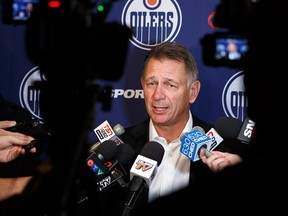 Edmonton Oilers general manager Ken Holland talks to media at Rogers Place on Sept. 18, 2019.