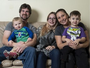 Samantha Wilson (second right) poses with her family (from left) Peter, Grayson, Alisha and William in the basement of her mom's home in Coquitlam.