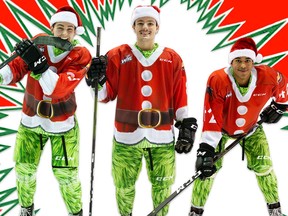 Tanner Brown, Tristen Nielsen, Justin Sourdif and their Vancouver Giants teammates will be rolling out the Grinch-inspired gear for weekend games against Spokand and Tri-City, including Sunday's Teddy Bear Toss at Rogers Arena.