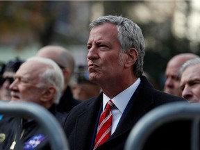 New York Mayor Bill De Blasio attends the Veterans Day Parade in New York, U.S., November 11, 2019.