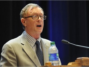 Peter Allard, pictured in 2011 speaking at the official opening of Allard Hall, the UBC Faculty of Law's building.