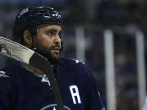 Winnipeg Jets defenceman Dustin Byfuglien has his game face on while facing the New York Rangers in Winnipeg on Tues., Feb. 12, 2019.