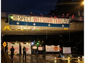 Demonstrators blockade Highway 17 leading to the Swartz Bay ferry terminal.