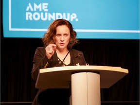 Michelle Mungall, B.C.'s minister of energy, mines and petroleum resources, delivers opening remarks to the Association for Mineral Exploration B.C.'s 2020 Roundup convention in Vancouver on Monday.