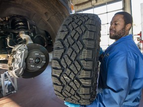 Winter tires are installed on a pickup truck.