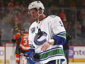 Canucks winger J.T. Miller takes a breather during an NHL game earlier this season.