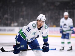 Canucks centre Brandon Sutter lines up for a faceoff against the Los Angeles Kings at the Staples Center in L.A. on Oct. 30, 2019.