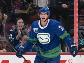 Loui Eriksson of the Vancouver Canucks celebrates after scoring against the San Jose Sharks at Rogers Arena on Jan. 18, 2020.