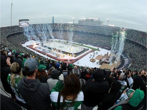 Pre-game pyrotechnics after the national anthem before the NHL Winter Classic between the Dallas Stars and the Nashville Predators at the Cotton Bowl on January 01, 2020 in Dallas, Texas.