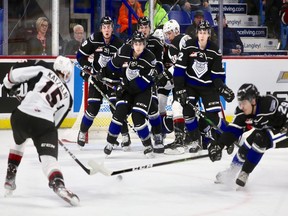 Holden Katzalay tries to get his shot through a swarm of Victoria Royals in the Vancouver Giants' 4-1 win on Friday at the Langley Events Centre