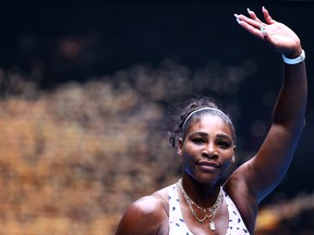 Serena Williams celebrates winning the match against Russia's Anastasia Potapova, Jan. 20, 2020. (REUTERS/Kai Pfaffenbach)