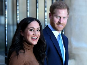 Prince Harry, Duke of Sussex and Meghan, Duchess of Sussex react after their visit to Canada House in thanks for the warm Canadian hospitality and support they received during their recent stay in Canada, on January 7, 2020 in London, England.