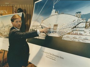 Arthur Griffiths with plans for the then-new Canucks arena, GM Place.