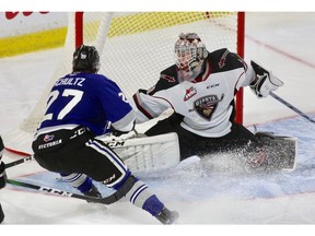 Vancouver Giants netminder David Tendeck makes a save in a 1-0 loss to the Victoria Royals at the Langley Events Centre.