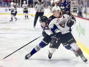 Giants forward Tyler Preziuso (right) in action against the Victoria Royals last month.