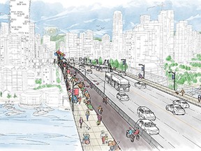 City of Vancouver renderings showing the recommended proposal for a re-design of the Granville Bridge that would re-allocate two lanes of car traffic to create a larger pedestrian pathway and separated two-way bike lane on the west side of the bridge. [PNG Merlin Archive]