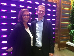 Krista Thompson, CEO of Covenant House, and Peter Lukomskyj, general manager of Lyft B.C. at an announcement Friday morning in Vancouver.