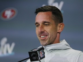 San Francisco 49ers head coach Kyle Shanahan speaks to the media during availability this week. (GETTY IMAGES)